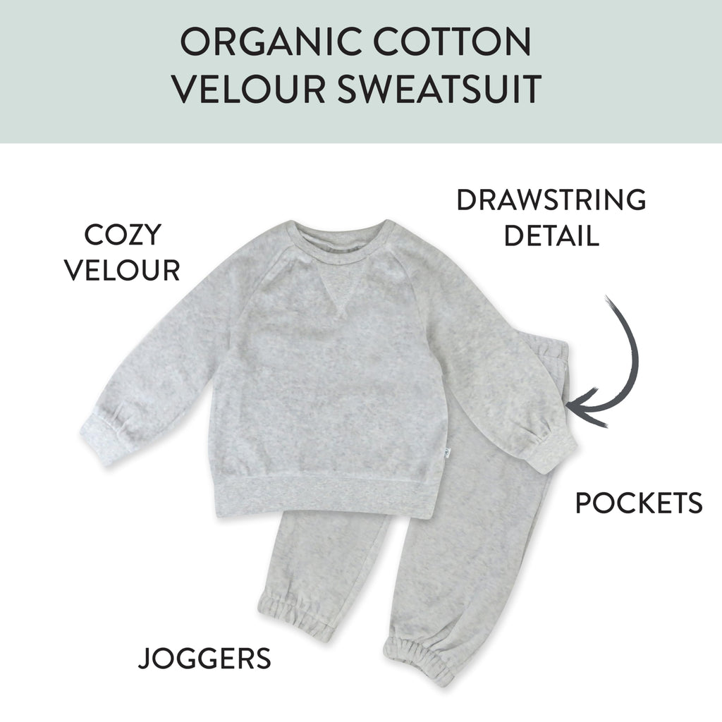 HonestBaby 2-Piece Cozy Velour Sweatshirt and Jogger Sweatpants Set 100% Organic Cotton for Toddler, Baby Boys, Girls, Light Gray Heather, 24 Months
