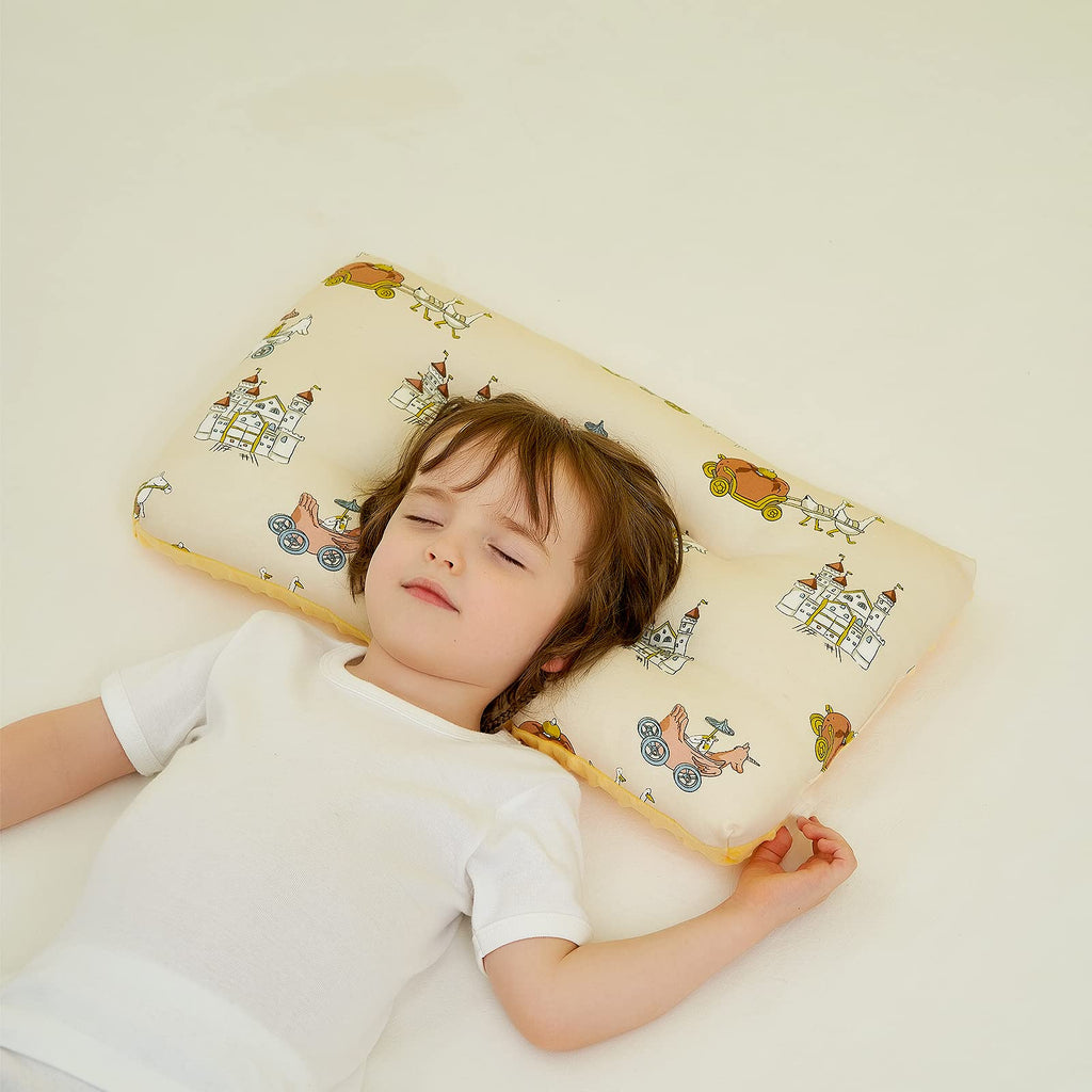 Reidio 1Pcs Toddler Pillow Double Sided Breathable Soft Cotton & Minky Dot Fabric Kids Pillow Cute Small Pillow Machine Washable (Yellow Carriage)