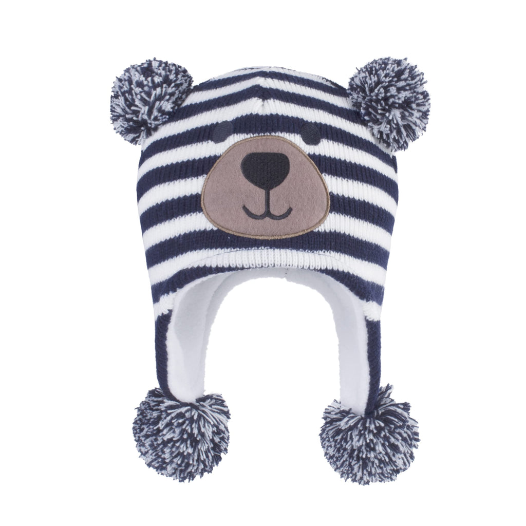 LANGZHEN Toddler Kids Infant Winter Hat,Earflap Knit Warm Cap Fleece Lined Beanie for Baby Boys Girls (Bear-Blue+Grey, 12-24 Months)