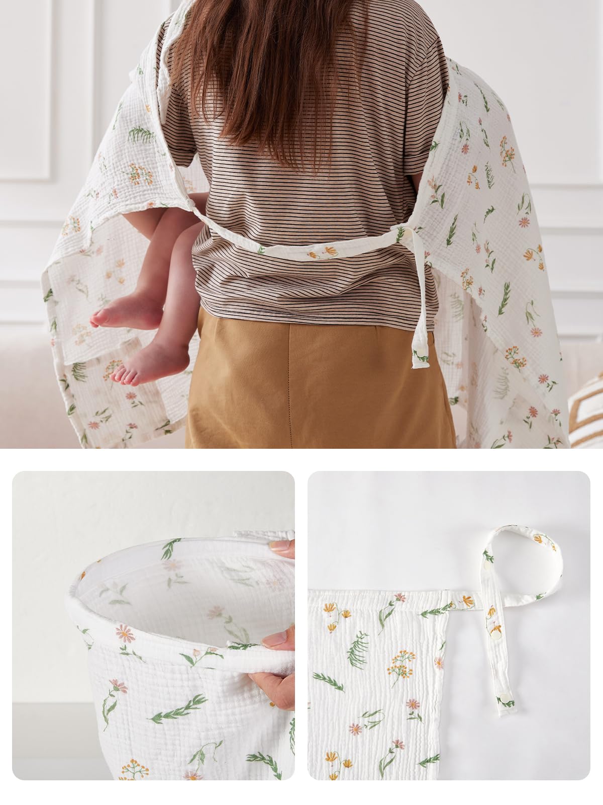 TILLYOU Muslin Nursing Cover for Baby Breastfeeding, 100% Cotton Breathable with Arch Neckline for Women, Daisy