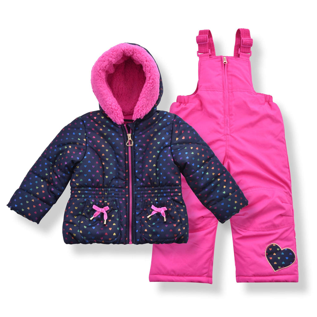 Arctic Quest Little Girls Bib Snow Pants and Ski Jacket Water-Resistant Snowsuit For Kids Winter Jacket For Girls Hooded, Navy/Pink, 3T