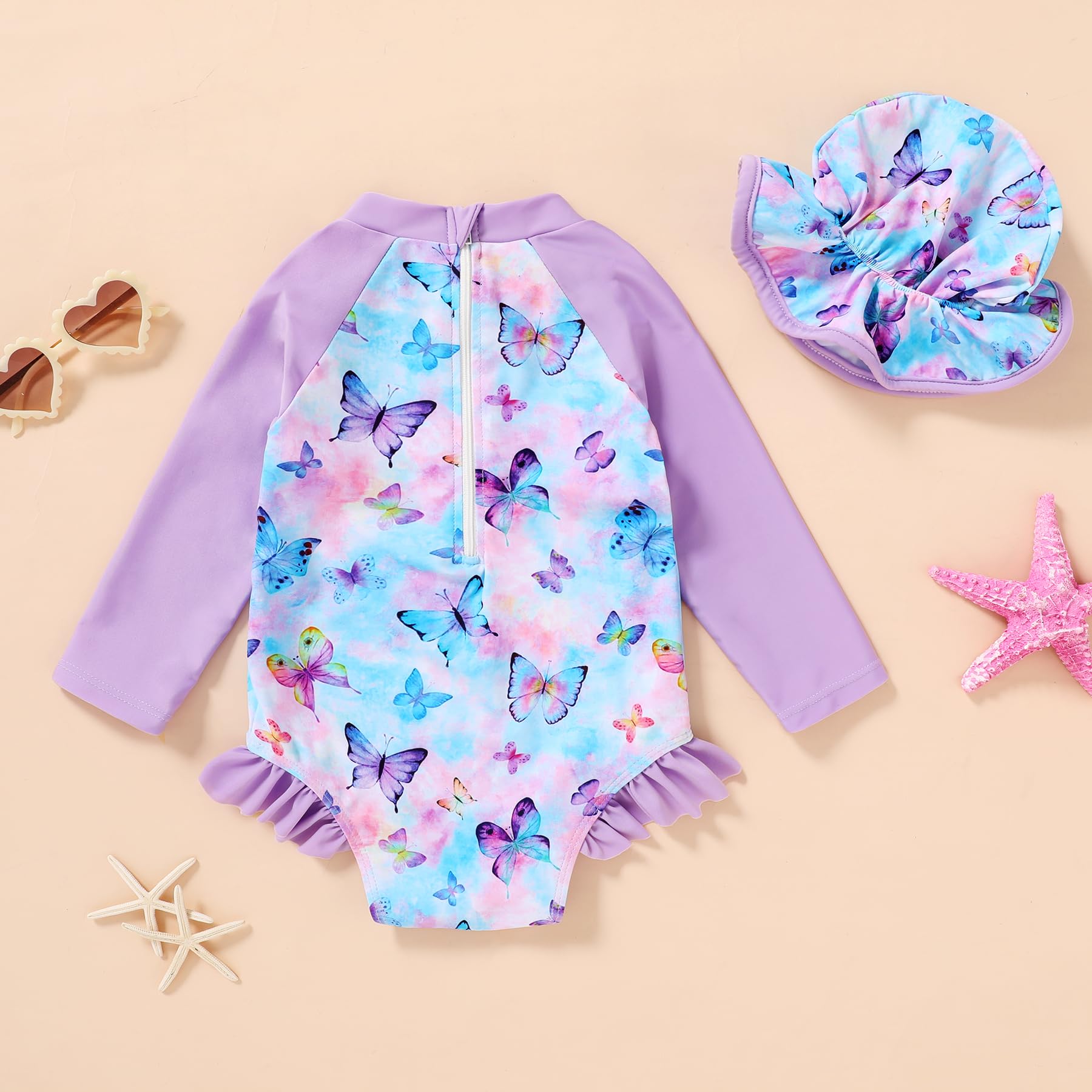 Infant Baby Girl Swimsuit One-Piece Long Sleeve Rash Guard with Hat Set Floral Zipper Bathing Suit Leopard Beach Wear