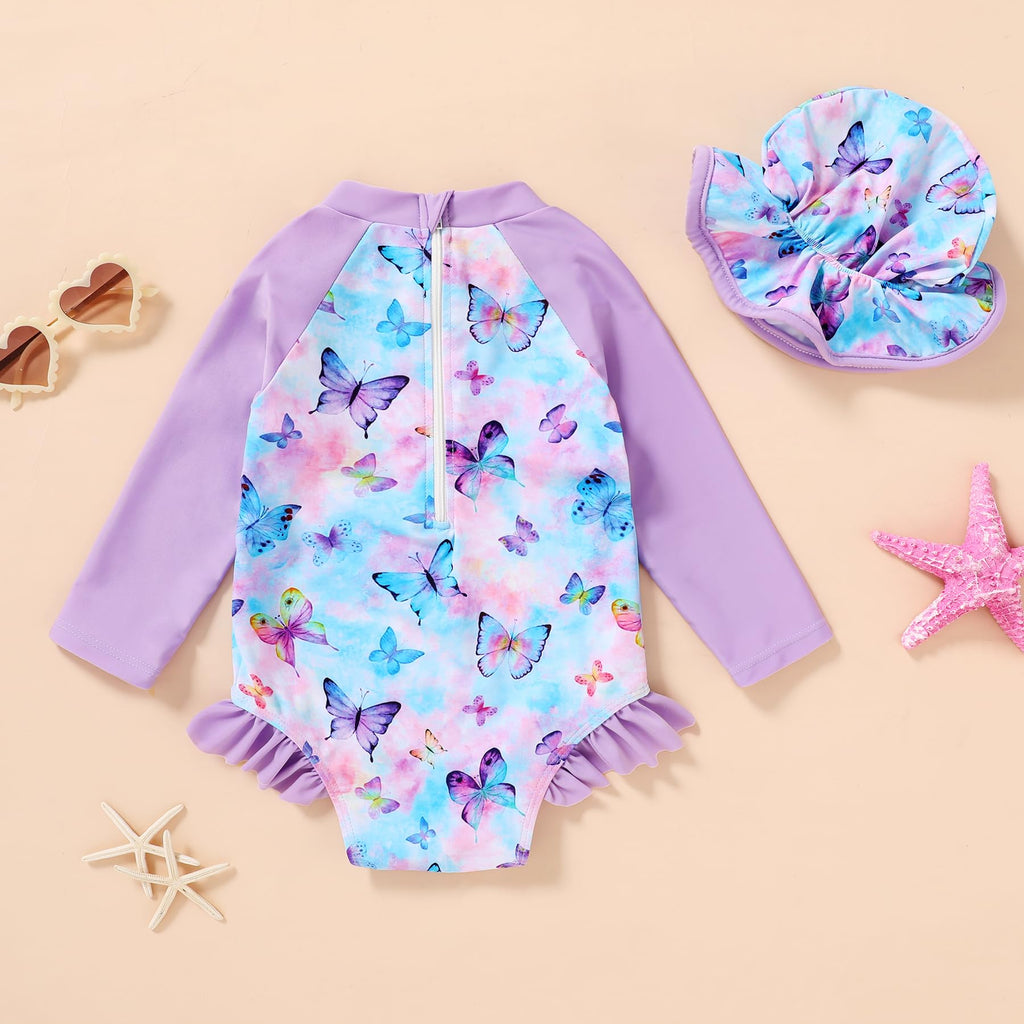 Infant Baby Girl Swimsuit One-Piece Long Sleeve Rash Guard with Hat Set Floral Zipper Bathing Suit Leopard Beach Wear(Purple Butterfly, 18-24M)