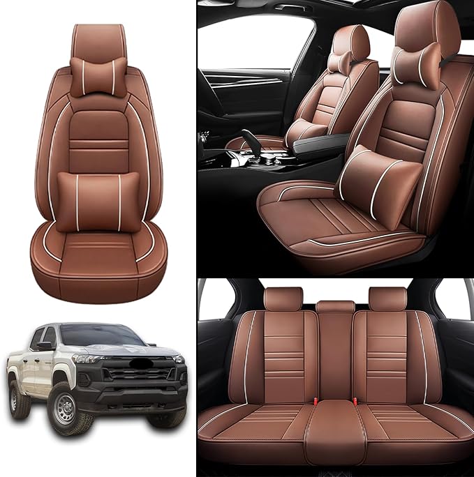 Car Seat Covers for Chevy Colorado 2004-2025 | 5-Seats Seat Covers, Waterproof Seat Protectors, Automotive Seat Covers (Full Set with Pillow,Coffee)