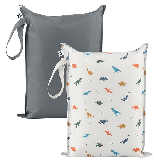 Tiny Twinkle Wet Dry Bag – 2 Pack Reusable Waterproof & Mess Proof Wet Bags for Swimsuits & Travel, Baby Towels & Beach Essentials,a Diaper Bag Must-Have(Dinosaur)