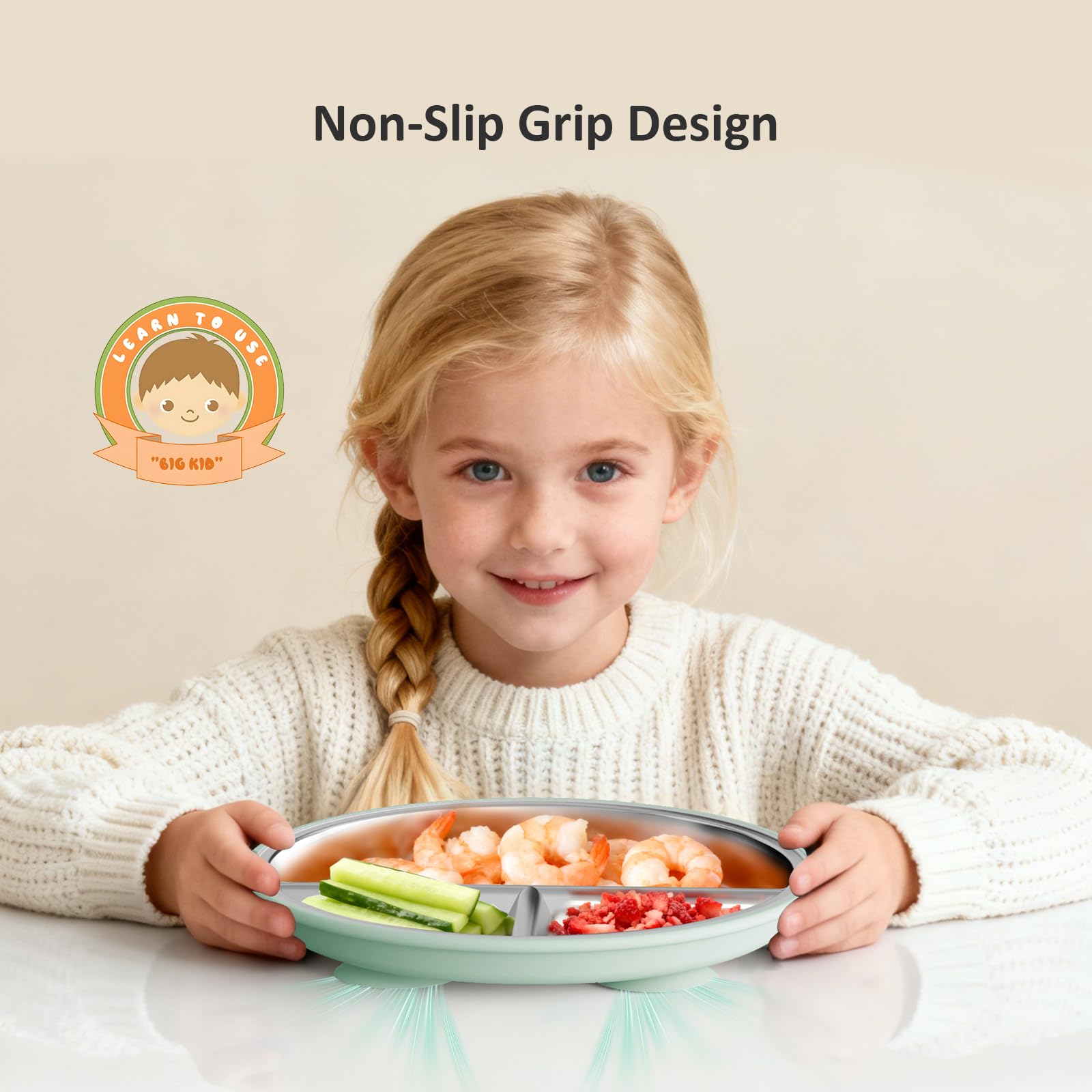 Bakpoco Stainless Steel Suction Plates for Toddlers, 9" Divided Kids Baby Plates with Removable Silicone Suction, Non Toxic Non Slip Portion Control Snack Dishes 3 Packs, Blue Gray Sage