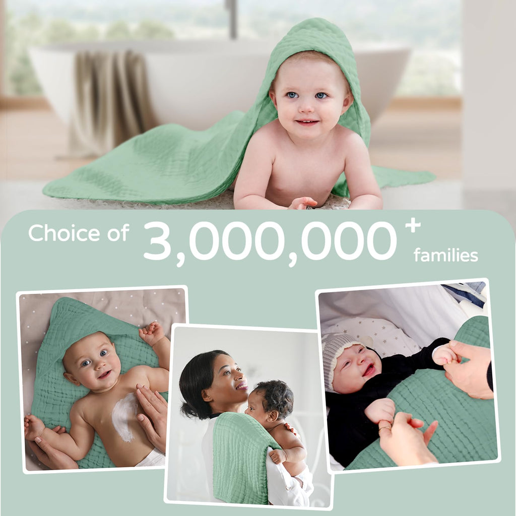 Yoofoss Hooded Baby Towels for Newborn 2 Pack 100% Muslin Organic Cotton Baby Bath Towel with Hood for Babies, Infant, Toddler and Kids, 32x32Inch, Soft and Absorbent Newborn Essential, Gradient Green