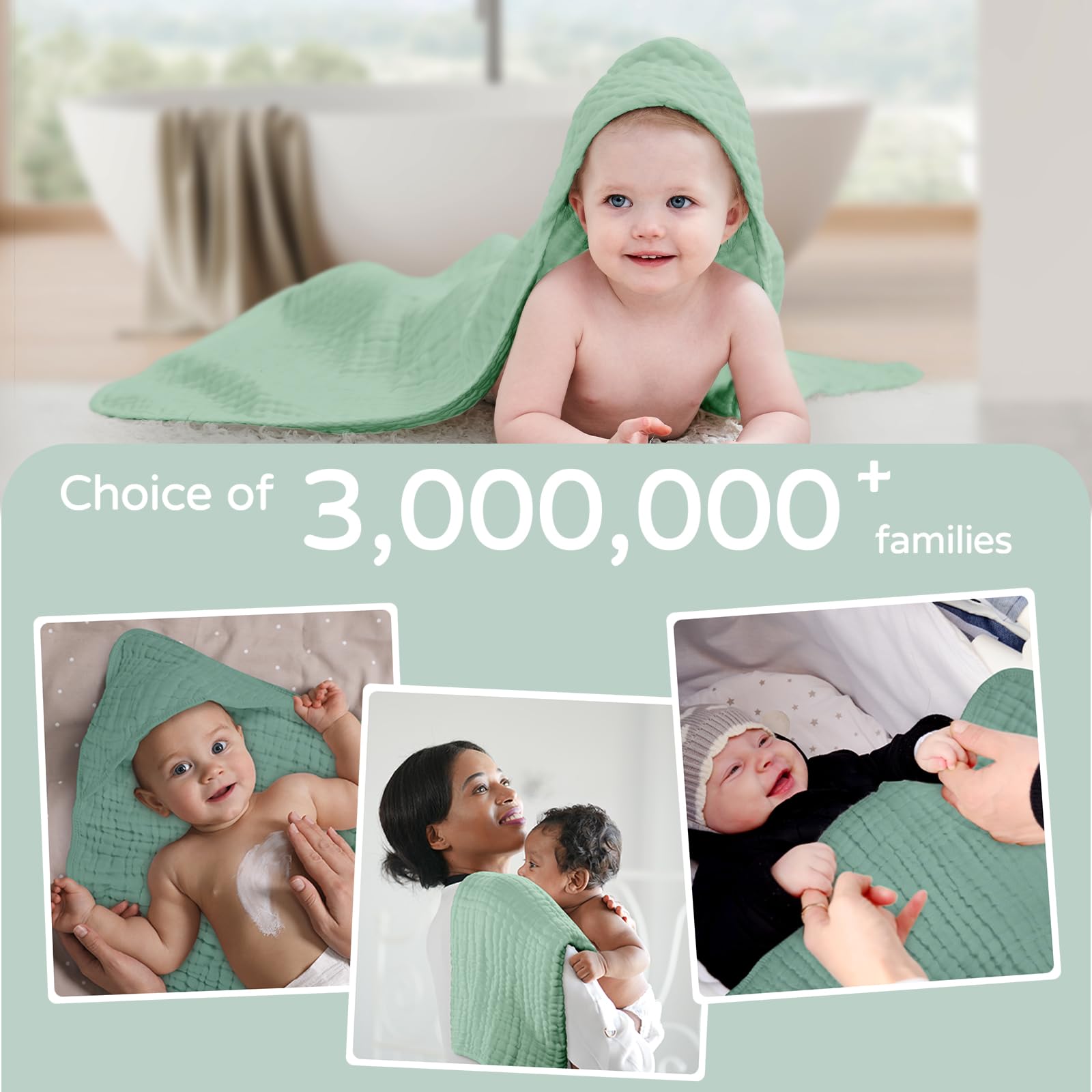 Yoofoss Hooded Baby Towels for Newborn 2 Pack 100% Muslin Organic Cotton Baby Bath Towel with Hood for Babies, Infant, Toddler and Kids, 32x32Inch, Soft and Absorbent Newborn Essential, Gradient Green