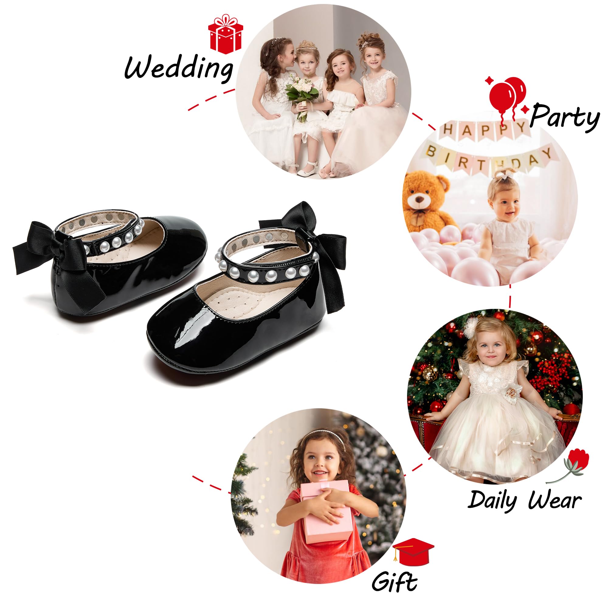 PHIRAMIN Baby Girls Black Mary Jane Flats - Infant 18-24 Months Walking Shoes Soft Rubber Sole Princess Wedding