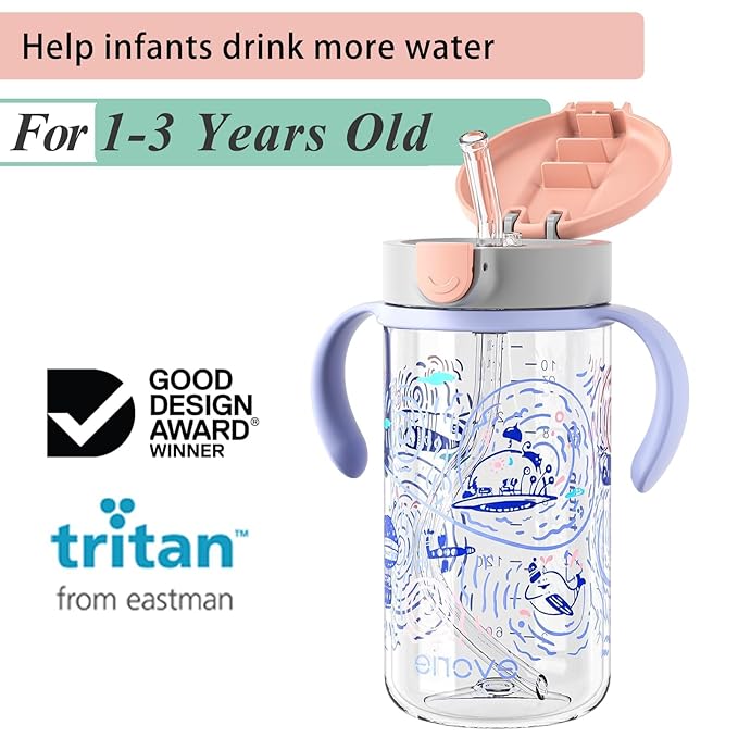 Evorie Tritan Spill Proof Toddler Straw Sippy Cup, 10 oz for Baby and Toddlers 1-3 Years Old, No Spill Straw Water Bottle with Removable Handles, Ideal for School, BPA-Free, Under the Sea