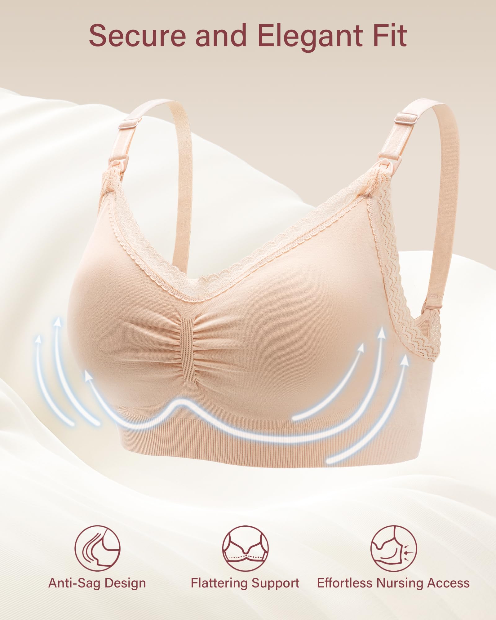 Stelle Lace Nursing Bras for Breastfeeding Seamless Pregnancy Maternity Wireless Bralette with Pads, Extenders(Gray+Beige,S)