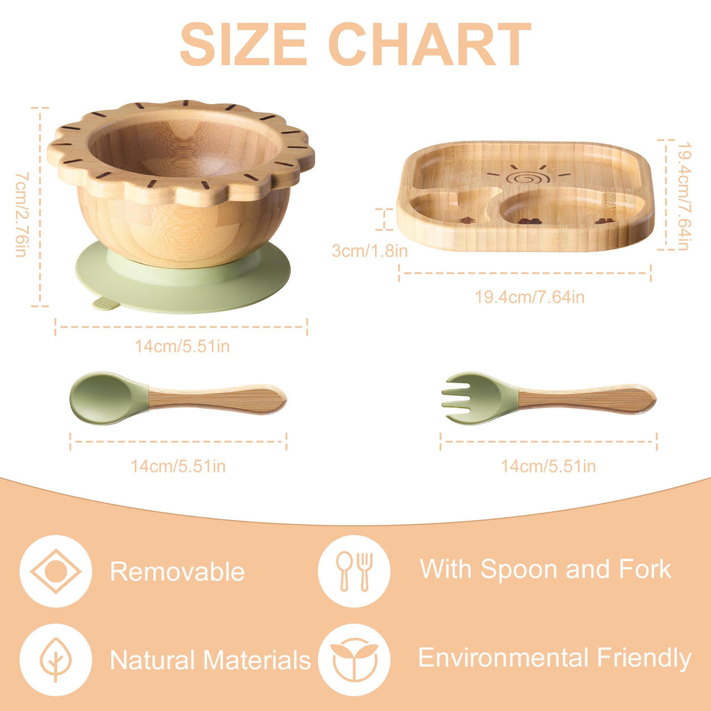 BABY REMEMBER Suction Plates Bowls Set for Baby Toddler Non-Toxic Bamboo Feeding Set with Silicone Fork & Spoon (Green Feeding Set)