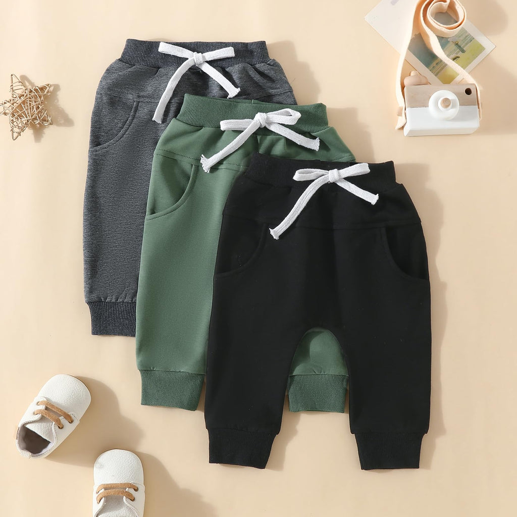 Sejardin Toddler Baby Boy Girl Pants 3 Pack Solid Color Elastic Waist Jogger Sweatpants Newborn Infant Casual Bottoms (Black Green Dark Gray, 18-24 Months)