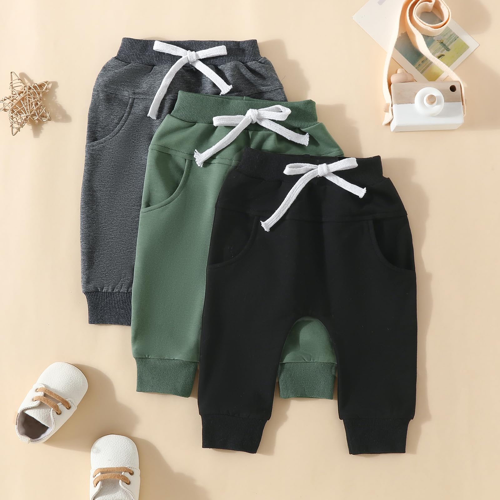 Sejardin Toddler Baby Boy Girl Pants 3 Pack Solid Color Elastic Waist Jogger Sweatpants Newborn Infant Casual Bottoms (Black Green Dark Gray, 18-24 Months)