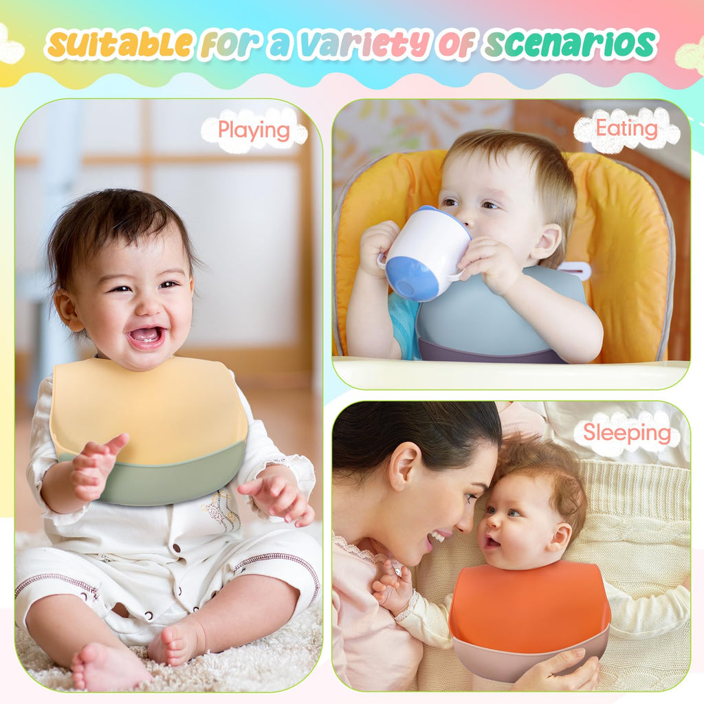 Mepase 12 Pcs Silicone Bibs Waterproof Silicone Baby Bibs Soft Adjustable Baby Feeding Unisex Baby Eating Supplies(Bright Color)