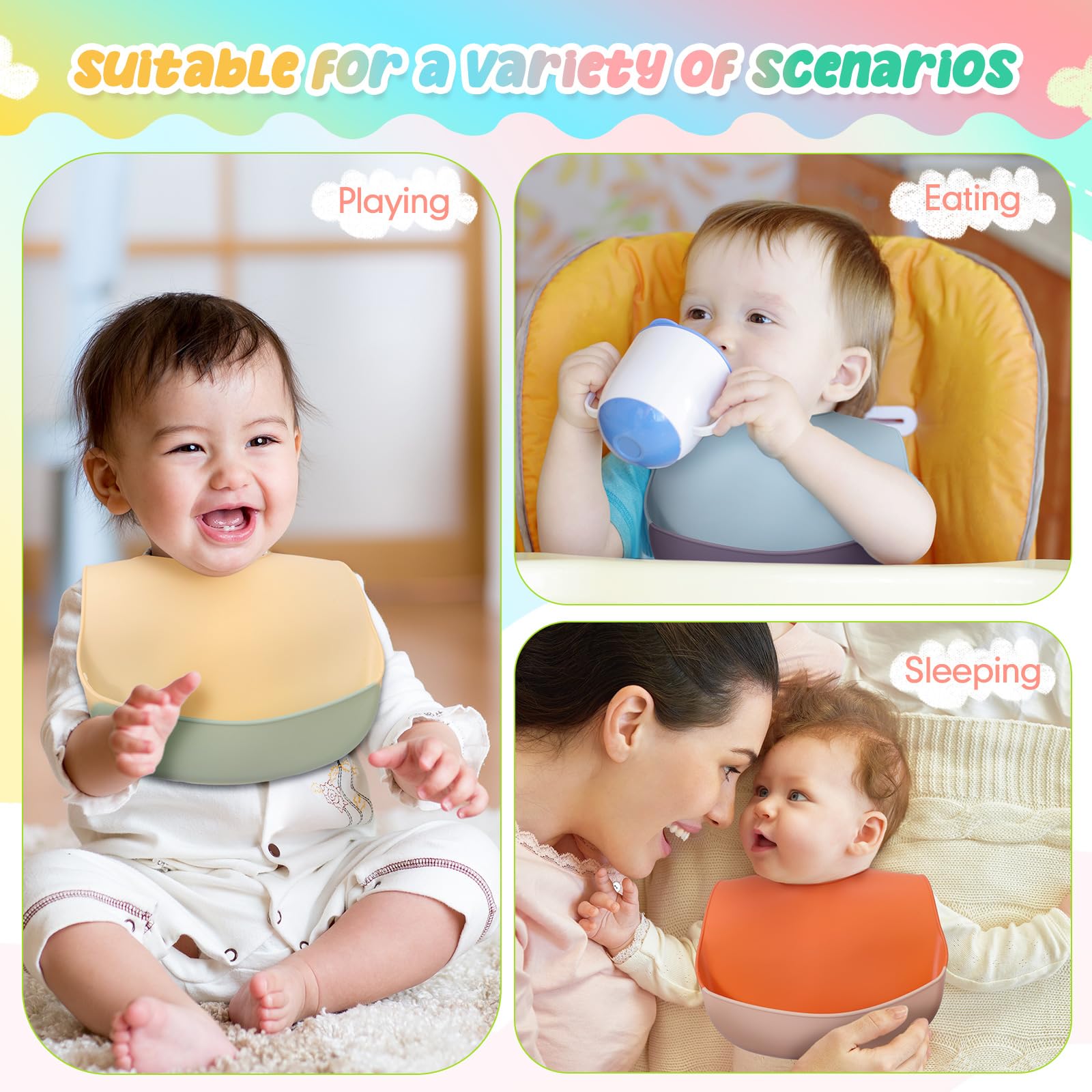 Mepase 12 Pcs Silicone Bibs Waterproof Silicone Baby Bibs Soft Adjustable Baby Feeding Unisex Baby Eating Supplies(Bright Color)