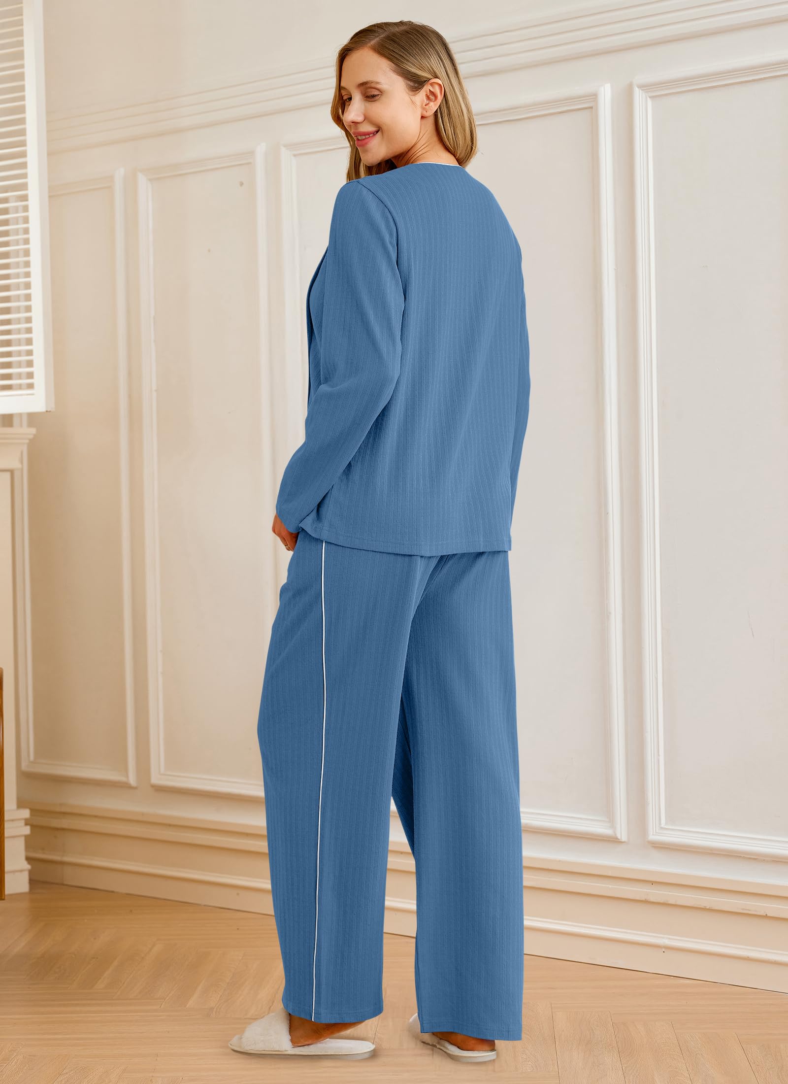 OUGES Maternity Nursing Pajamas Lounge Sets Postpartum Outfits for Women 100% Cotton Blue Button Down V Neck Breastfeeding Sleepwear Set Maternity Clothes Top & Long Pants with Pockets(Blue,XL)