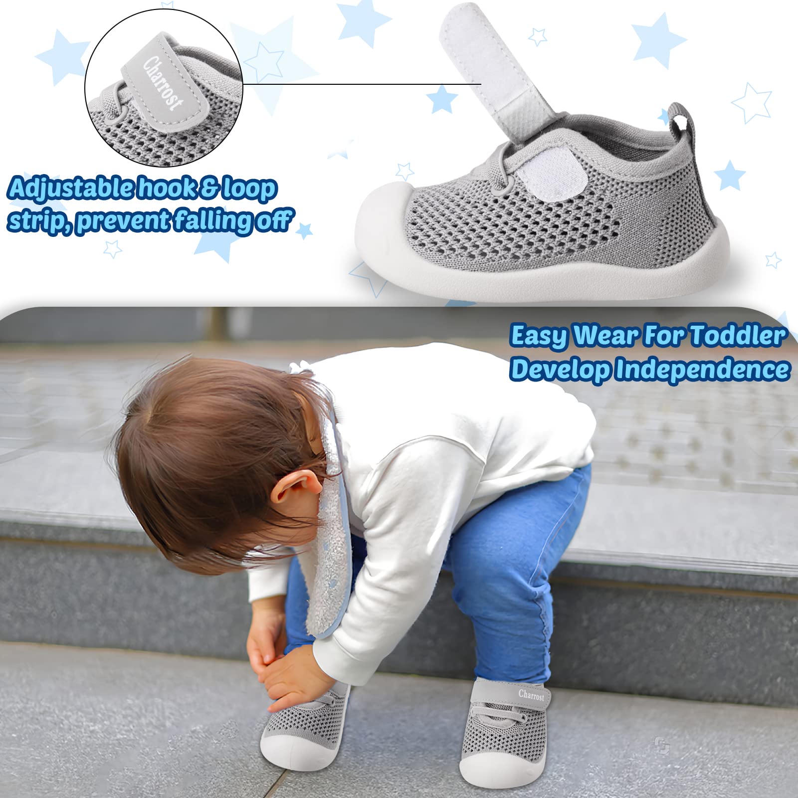 Charrost Baby Walking Shoes Toddler Girl Boy Breathable Mesh First Walker Sneakers Infant Soft Sole Slip on Wide Tennis Shoes Lightweight Non-Slip Outdoor