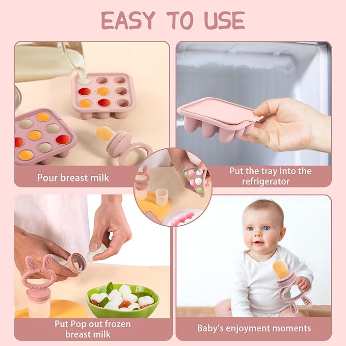 WAJIAYON Baby Breastmilk Popsicle Molds & Baby Fruit Feeder (4 Pack), Infant Food Freezer Tray Storage Containers, Silicone Teething Pacifier Feeder and Teether for Babies（Pink&Purple）