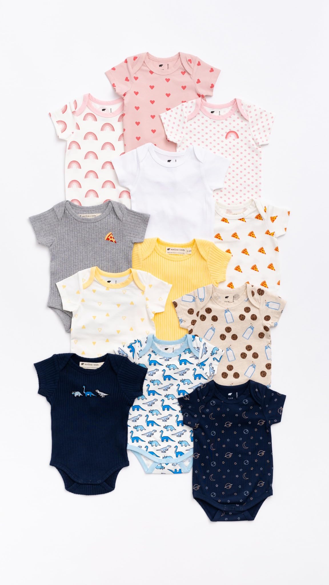 MONICA + ANDY Short Sleeve Jack & Jill Bodysuit 3-Pack, Size 9-12M, Rainbow & Hearts Print, 100% Organic Baby Clothes for Girls & Boys, Super Soft Sustainable Cotton, Newborn, Infant & Toddler Sizes