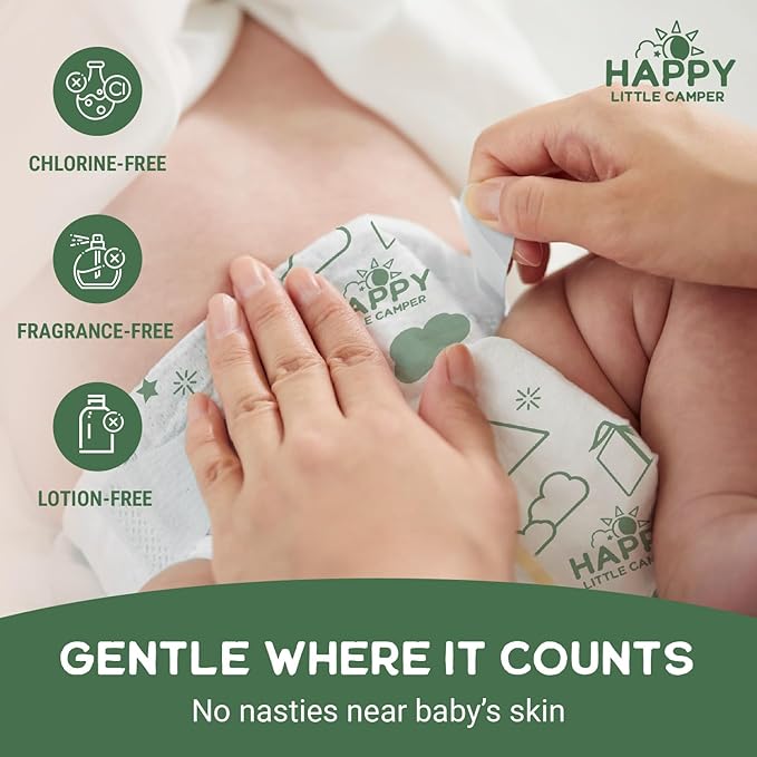 Happy Little Camper Super Saver Diapers, Size 1, 25 Count | Budget-Friendly Disposable Baby Diapers for Sensitive Skin | Hypoallergenic, Fragrance-Free, Ultra Absorbent