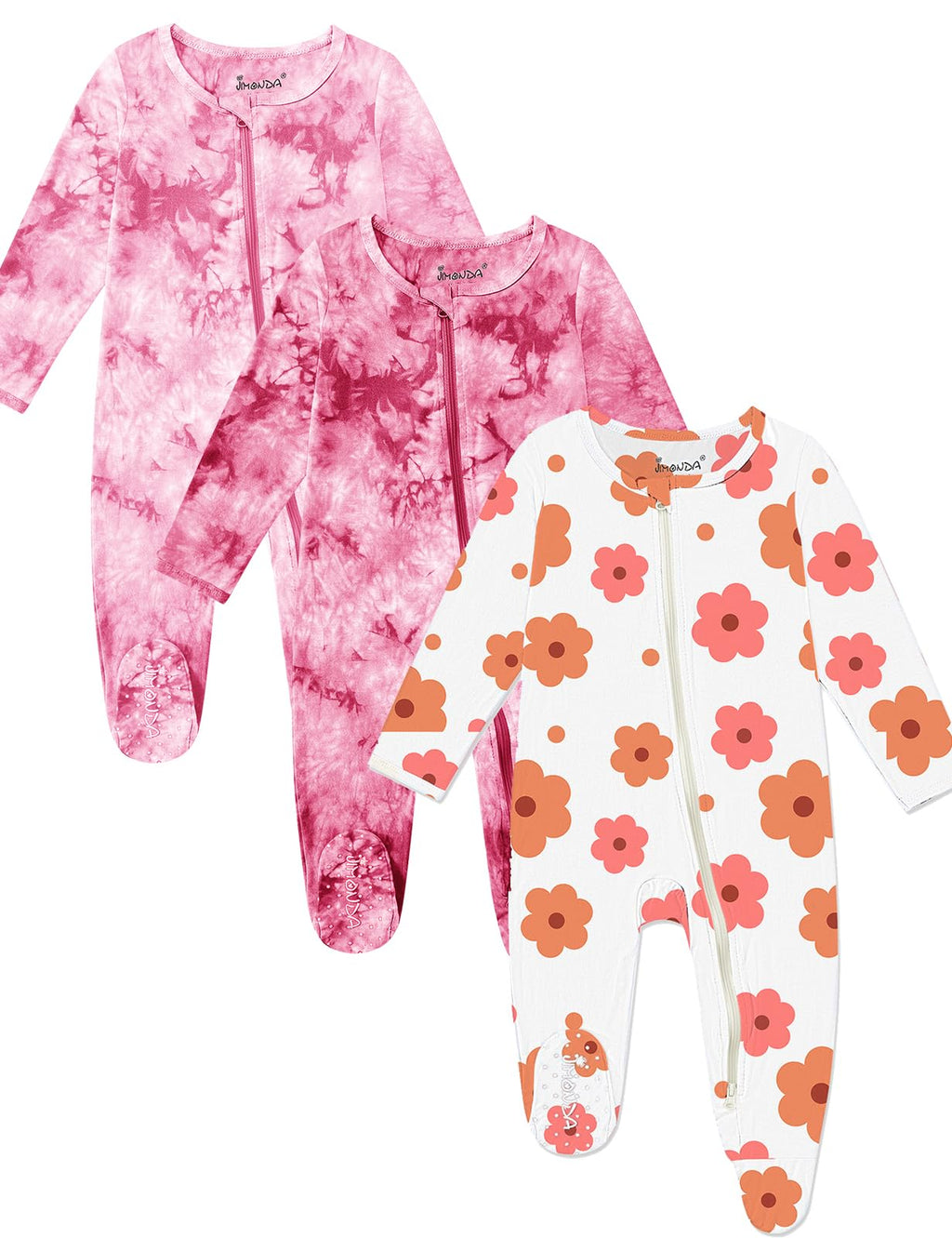 Jimonda Baby Girls Boys Bamboo Rayon Pajamas,Footed Pjs(Flow&Rose&Pink,6-9M)