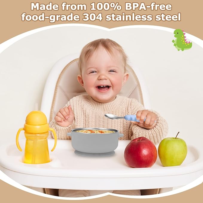 2 Pack Stainless Steel Baby Bowls with Removable Non-Slip Silicone Suction Shell and Lids, Anti Scald Food Container for Baby Food Feeding-Gray & Cream