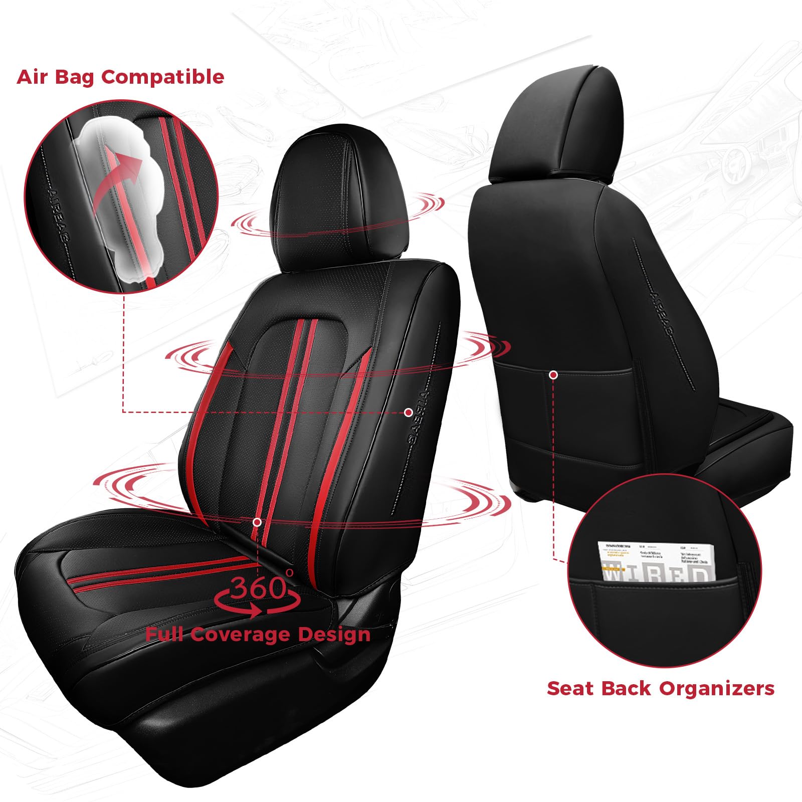 FREESOO Leather Seat Covers Full Set for Cars Trucks SUV, Black Red Line