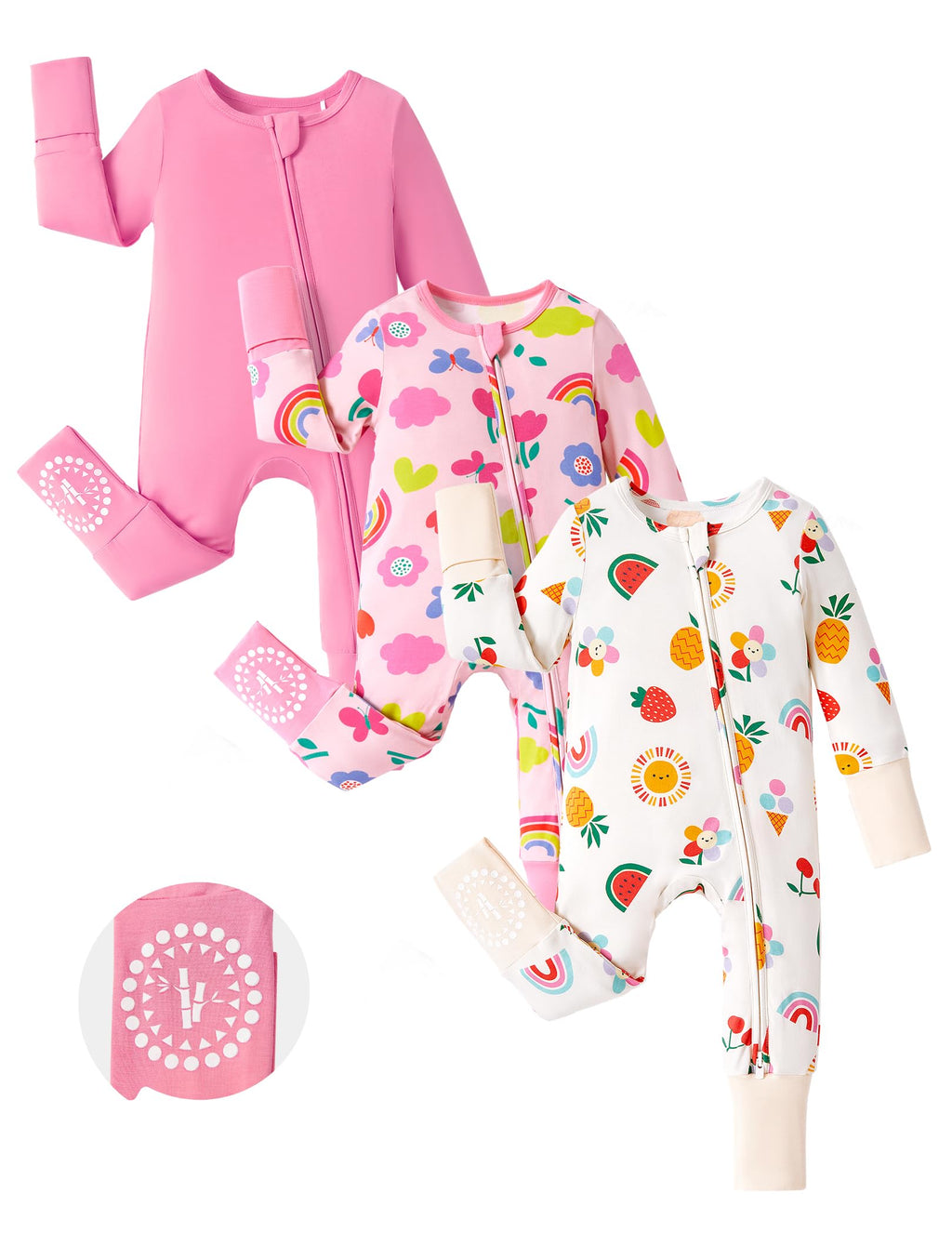 PATPAT Baby Footies Boys Girls - Bamboo Viscose - 2 Way Zipper & Non-Slip Soles Romper Mitten - Footed & Footless Infant Clothes Unisex Jumpsuit 2 Pack Raspberry/Flower/Sun Newborn Beige/Pink