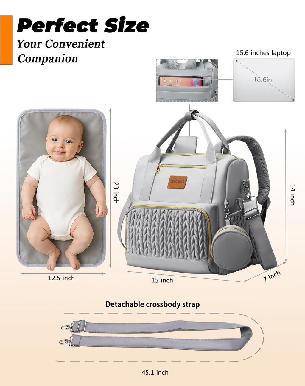 Backpack Diaper Bag,Stylish Waterproof Baby Diaper Bags with Changing Pad,Insulated Pockets,Multi-Function Travel Diaper Backpacks,Newborn Essentials, Grey