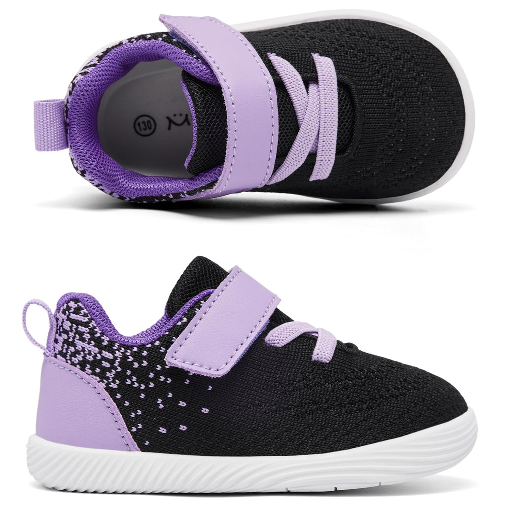 MORENDL Toddler Sneakers Baby Boys & Girls Barefoot Shoes Lightweight Breathable Walking Running Tennis Athletic Sport Shoes Black Purple 18-24 Months Size 6.5