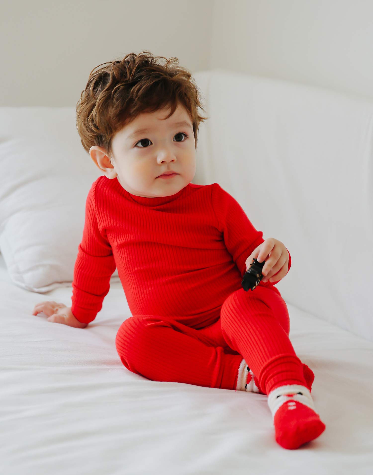 VAENAIT BABY Infant Toddler Kids Girls Long Sleeve Modal Sleepwear Pajamas 2pcs Set Rib Knit Red S