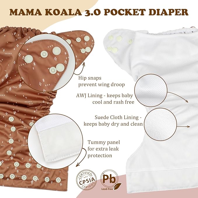 Mama Koala 3.0 Pocket Cloth Diapers for Babies with AWJ Lining, 6 Pack with 6 5-Layer Natural Cloth Diaper Inserts - Reusable and Washable Pocket Diapers(A-Cabin Vibes)