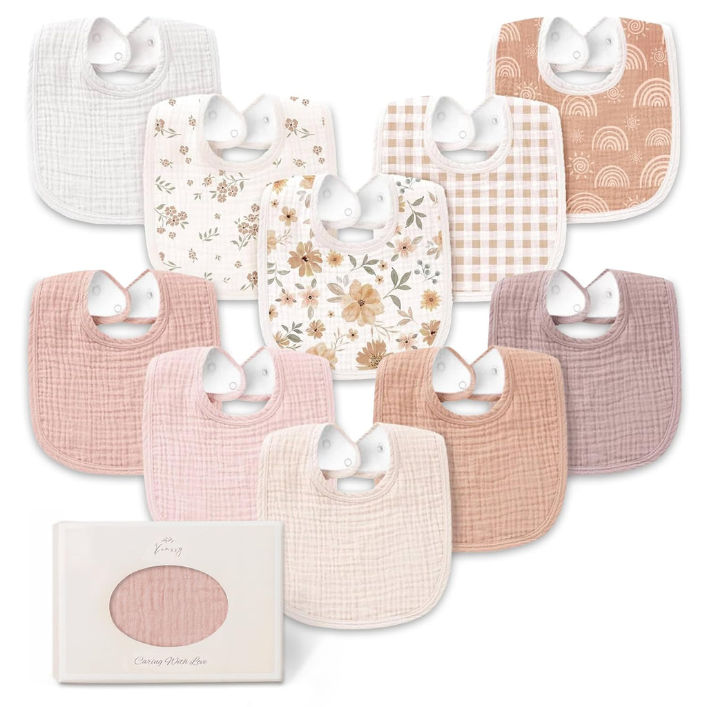 Konssy 10-Pack Muslin Baby Bibs for Drooling and Teething