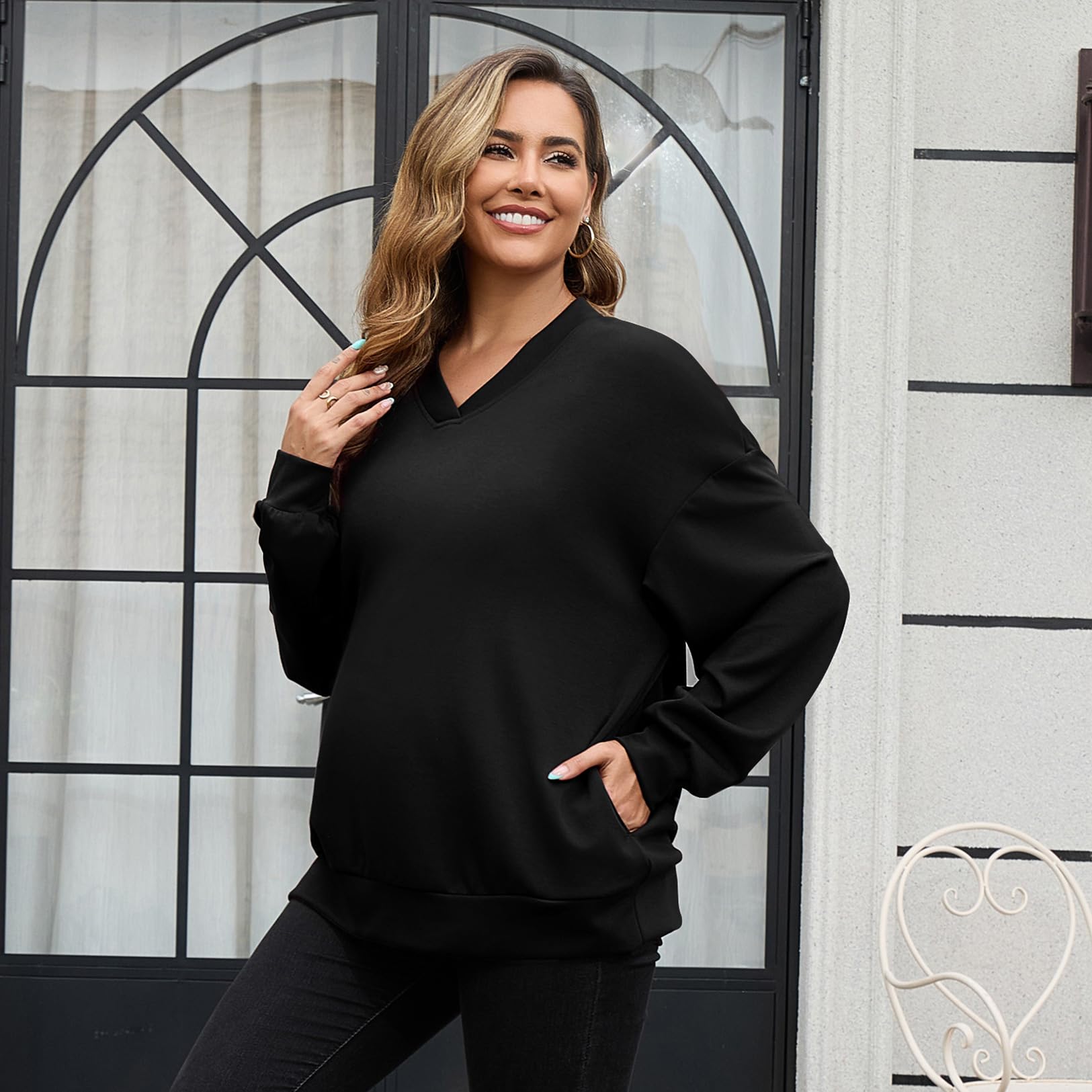 GINKANA Women's Maternity Shirts Long Sleeve Sweatshirt V Neck Pregnancy Pullover Tops Loose Fit Tunic Clothes Black,S
