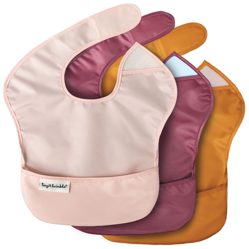 Tiny Twinkle Mess-Proof Baby Bibs for Eating | Waterproof, Wipeable Toddler Bibs with Catch-All Pocket | Feeding Bibs for Girls & Boys(3 Pack,Blush, Burgundy)