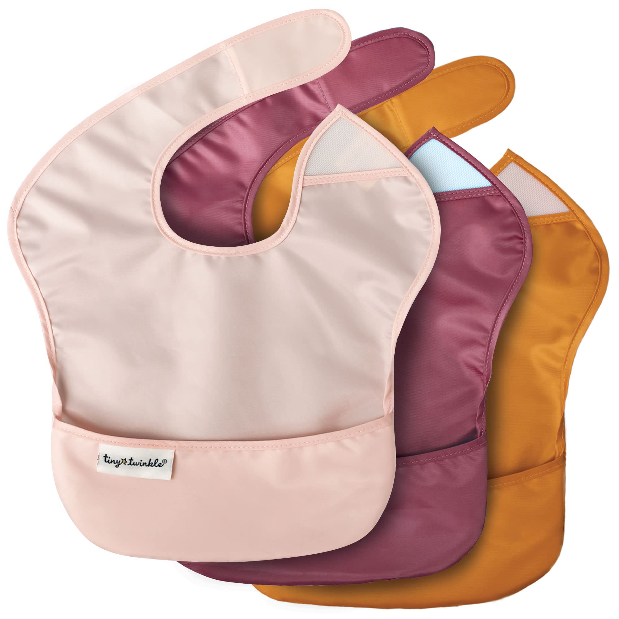 Tiny Twinkle Mess-Proof Baby Bibs for Eating | Waterproof, Wipeable Toddler Bibs with Catch-All Pocket | Feeding Bibs for Girls & Boys(3 Pack,Blush, Burgundy)