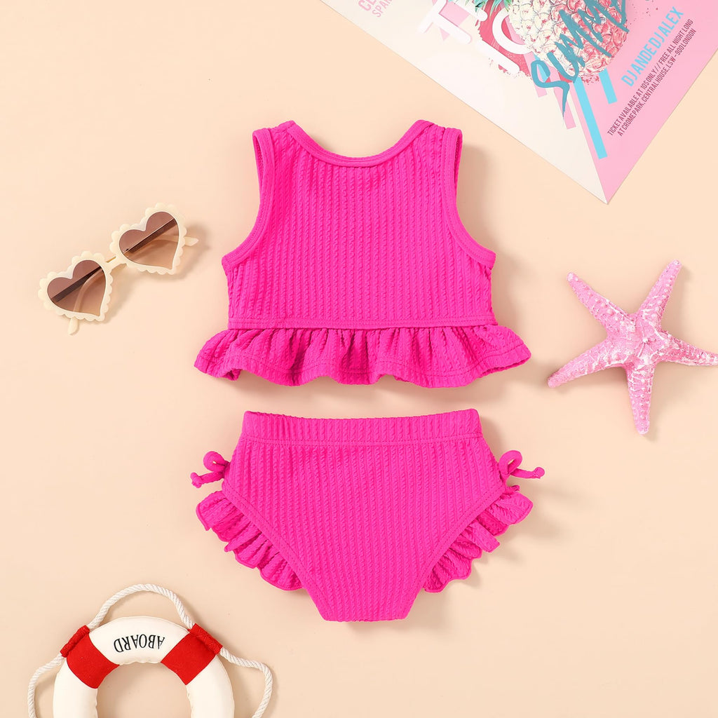 HAPPYMA Baby Swimsuit Toddler Girl Bathing Suit Summer Solid Color Bikini Set Beach Two Piece Swim Wear (Rose Pink, 3-6 Months)