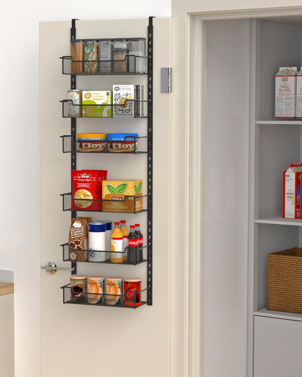 VyGrow 12.3" W Narrow Over the Door Pantry Organizer, 6-Tier Over the Door Organizer with Adjustable Basket, Pantry Door Organization for Pantry Kitchen Storage Room Spice Rack, Black