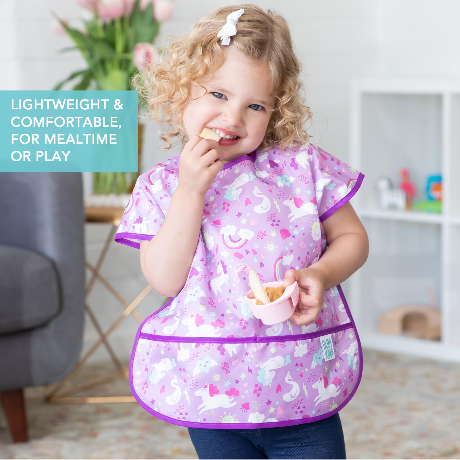 Bumkins Short Sleeve Bib for Girl or Boy, Toddler and Kids for 1-3 Years, Large Size, Essential Must Have for Junior Children, Eating, Mess Saving Soft Fabric Apron for Play, Unicorns Purple
