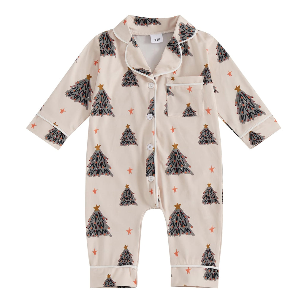 Balaflyie Baby Girl Button Down Pajamas Romper One-Piece Jumpsuit Long Sleeve Sleeper Infant Sleepwear (Christmas Tree&Cream,12-18 Months)