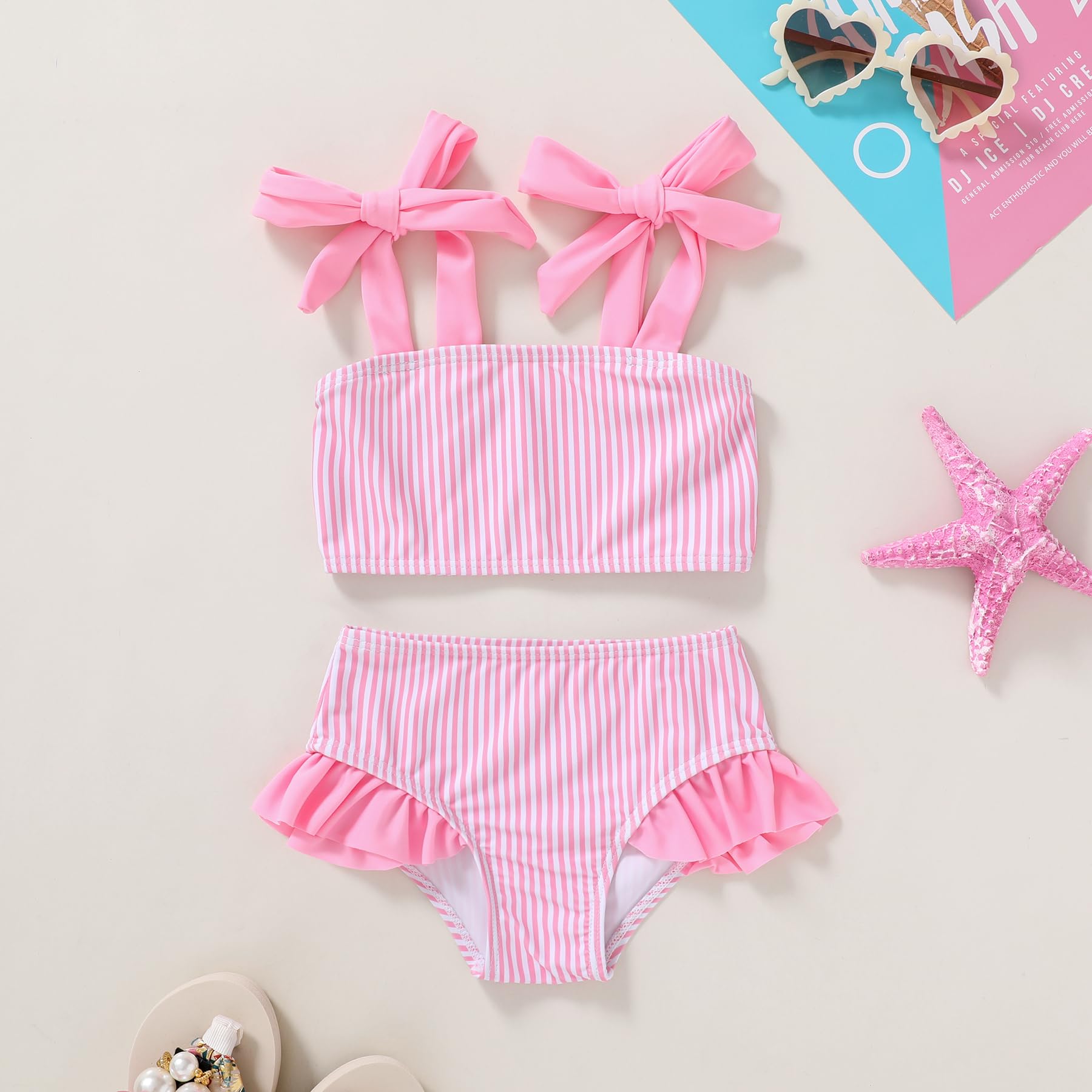 YOUNGER TREE Toddler Girls Two Pieces Swimsuit Color Block Stripe Swimwear Summer Beach Bathing Suit 18M-5T（Pink 7-8T）