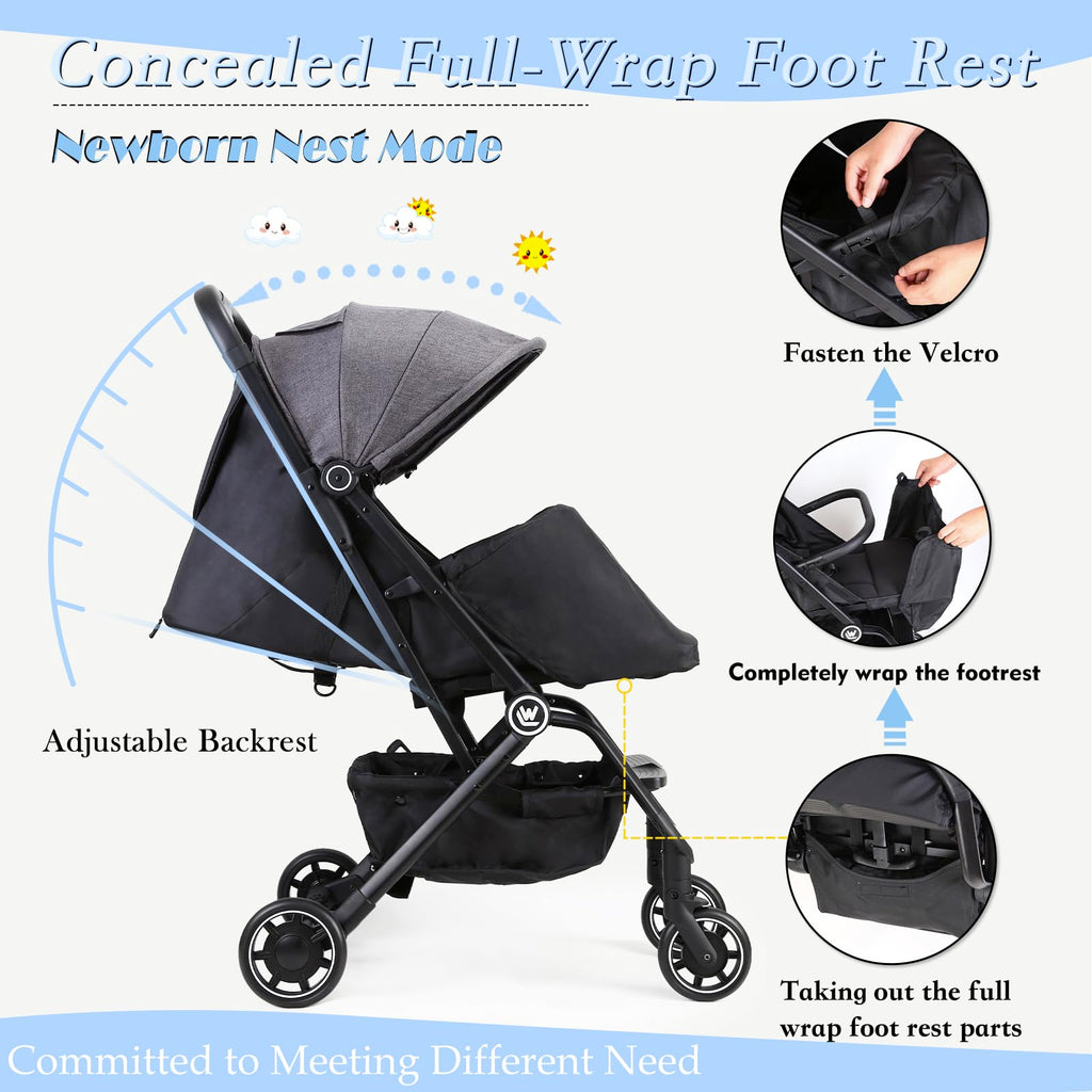 Rollingsurfer Lightweight Baby Stroller for Airplane, Compact Travel Pushchair with Retractable Foot Cover & Reclining Backrest, One Hand Fold Stroller for Toddlers 0-36 Months