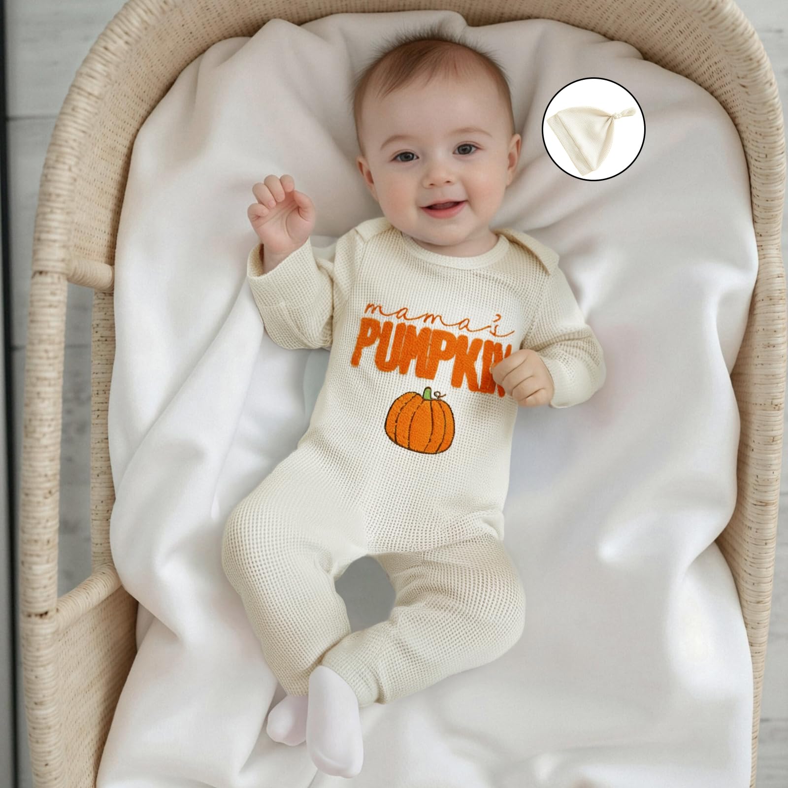 Doqcey Newborn Infant Baby Boy Halloween Outfit Little Pumpkin Embroidery Romper Waffle Knit Long Sleeve Jumpsuit with Hat (Apricot mama's pumpkin, 6-12 Months)
