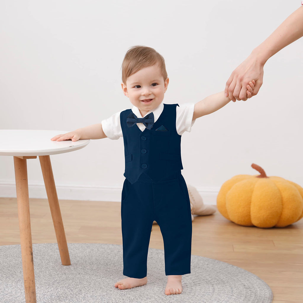 DISAUR Baby Boy Baptism Outfit Baby Boy Church Outfit Short Sleeve Infant White Shirt Dark Blue Plaid Vest Pants Bow Tie 3 6 Months