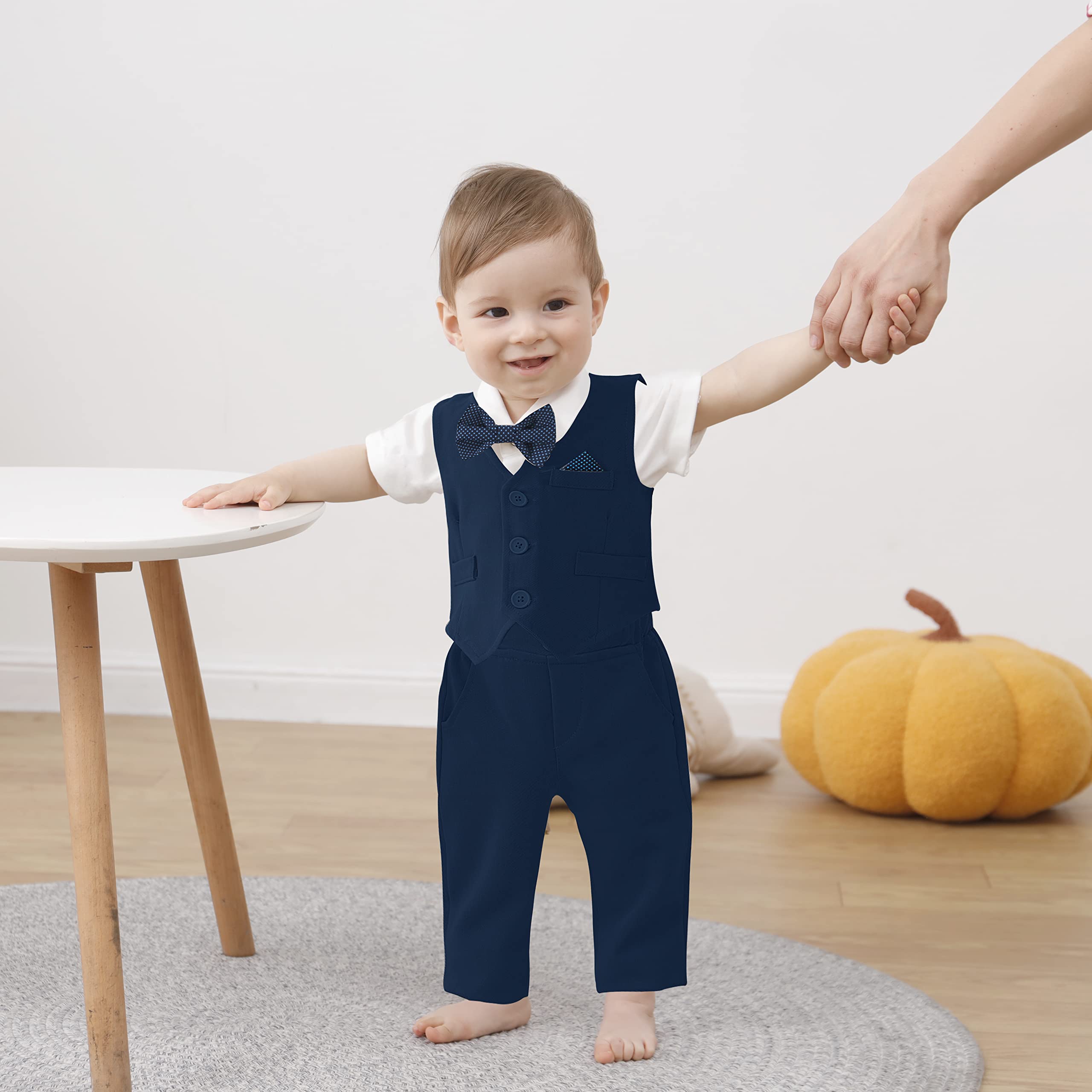 DISAUR Baby Boy Baptism Outfit Baby Boy Church Outfit Short Sleeve Infant White Shirt Dark Blue Plaid Vest Pants Bow Tie 3 6 Months
