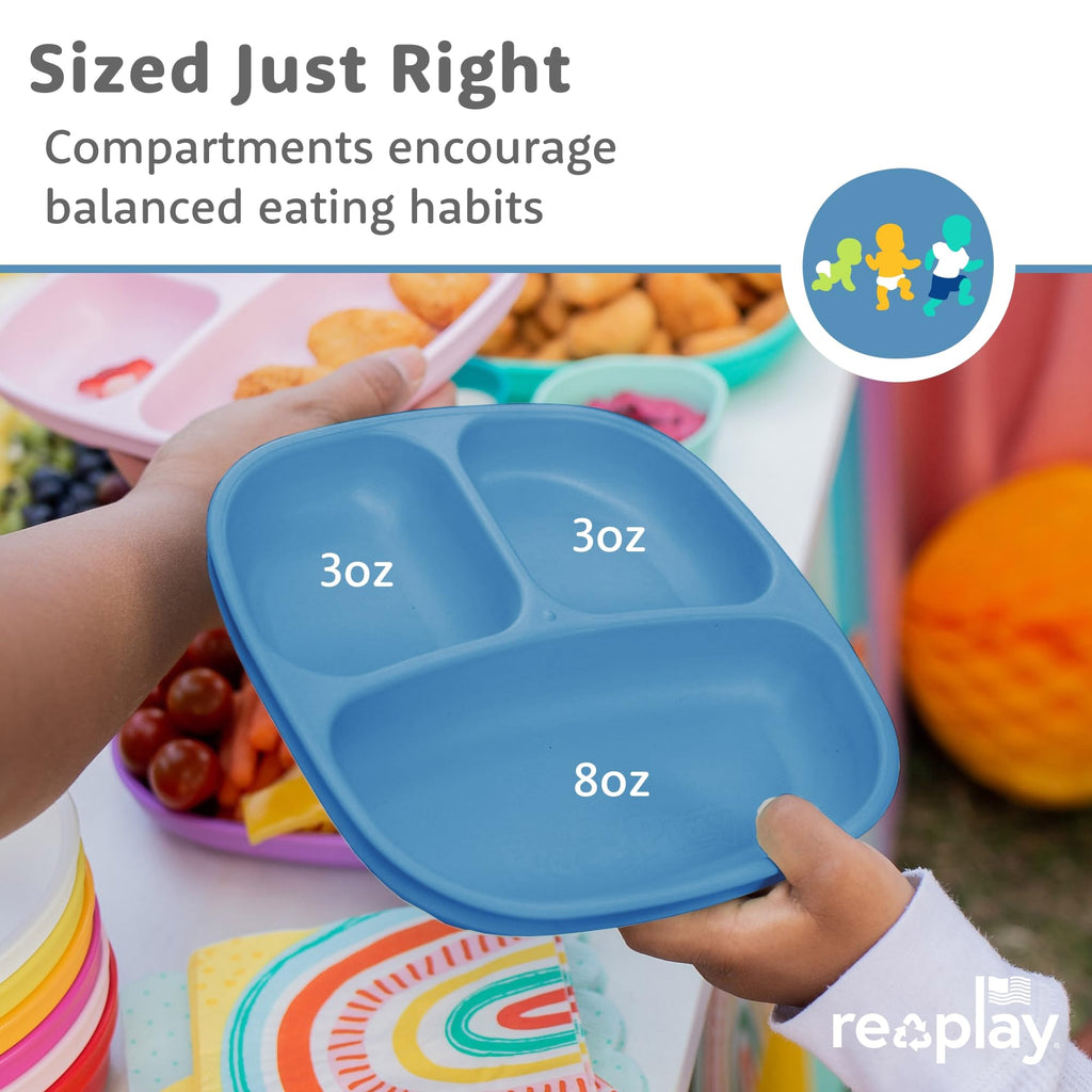 Re-Play Divided Toddler Plates Set of 4 - Deep-Walled 3 Compartment Kids Plates for Picky Eaters - Dishwasher & Microwave Safe - BPA-Free - Made in USA, Denim