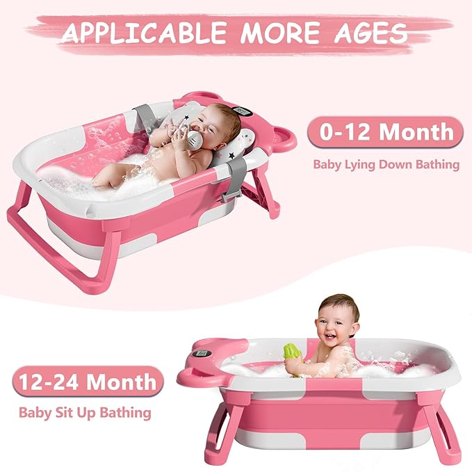 MoreFeel Collapsible Baby Bathtub for Newborn with Thermometer & 1 Hooded Towel & 1 Soft Floating Cushion,Portable Travel Bathtub with Drain Hole, Durable Foldable Baby Tubs for Infants to Toddler