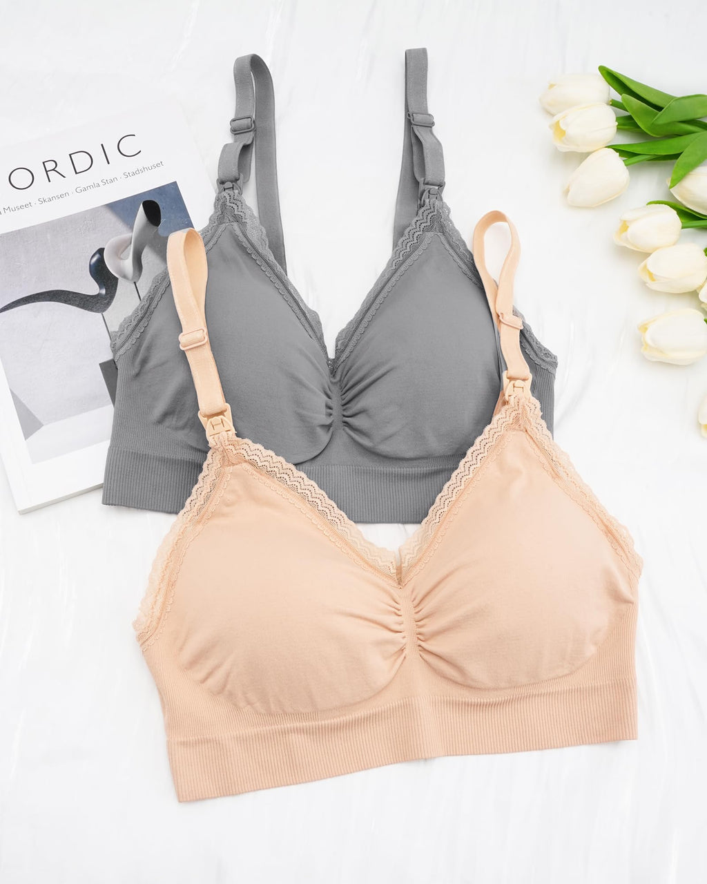 Stelle Lace Nursing Bras for Breastfeeding Seamless Pregnancy Maternity Wireless Bralette with Pads, Extenders(Gray+Beige,S)