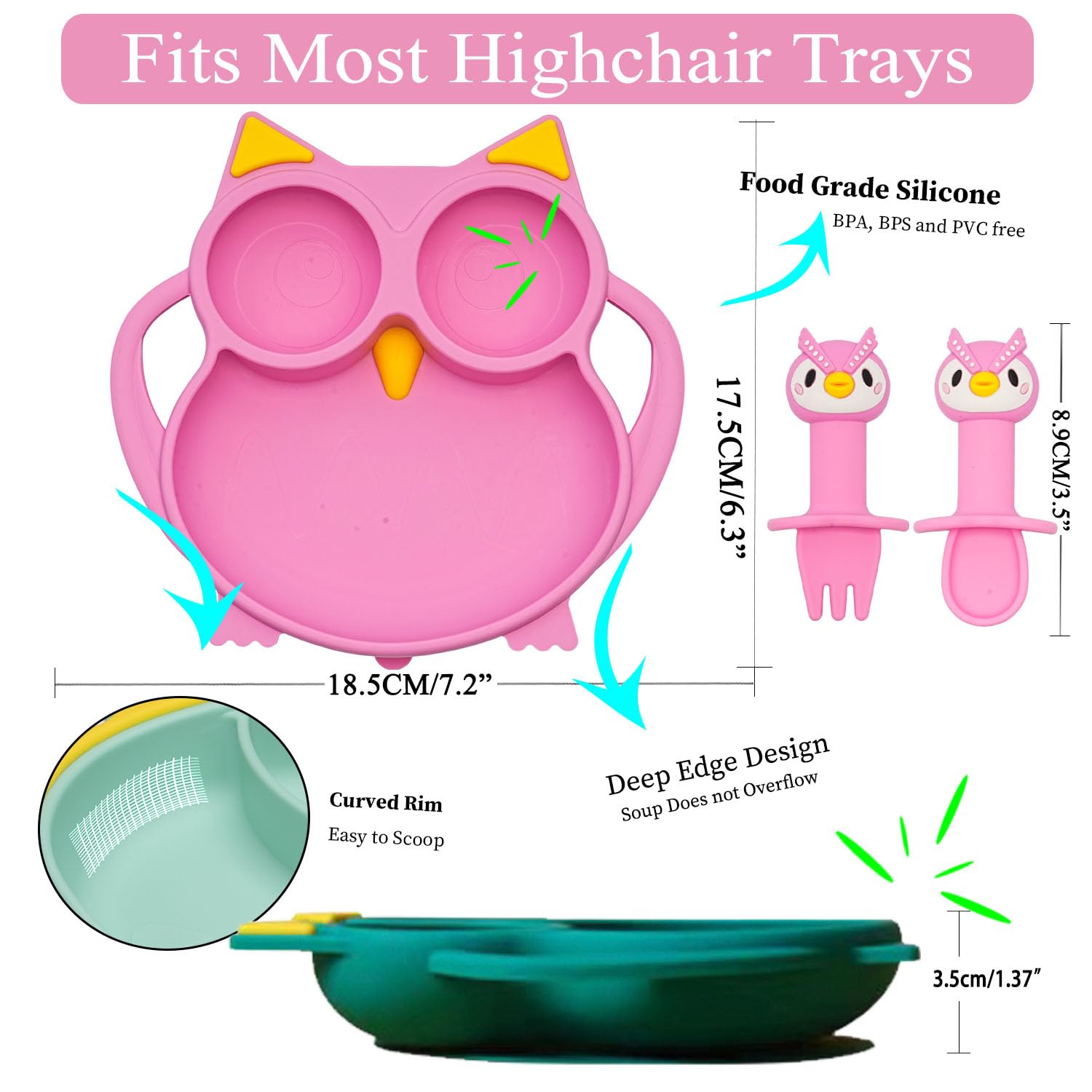 NICINGU Baby Toddler Silicone Suction Plate with Spoon&Fork And Adjustable Bib Set,Silicone Baby Feeding Utensils Set，Baby Toddler Led Weaning Supplies Set-Pink Owl Set